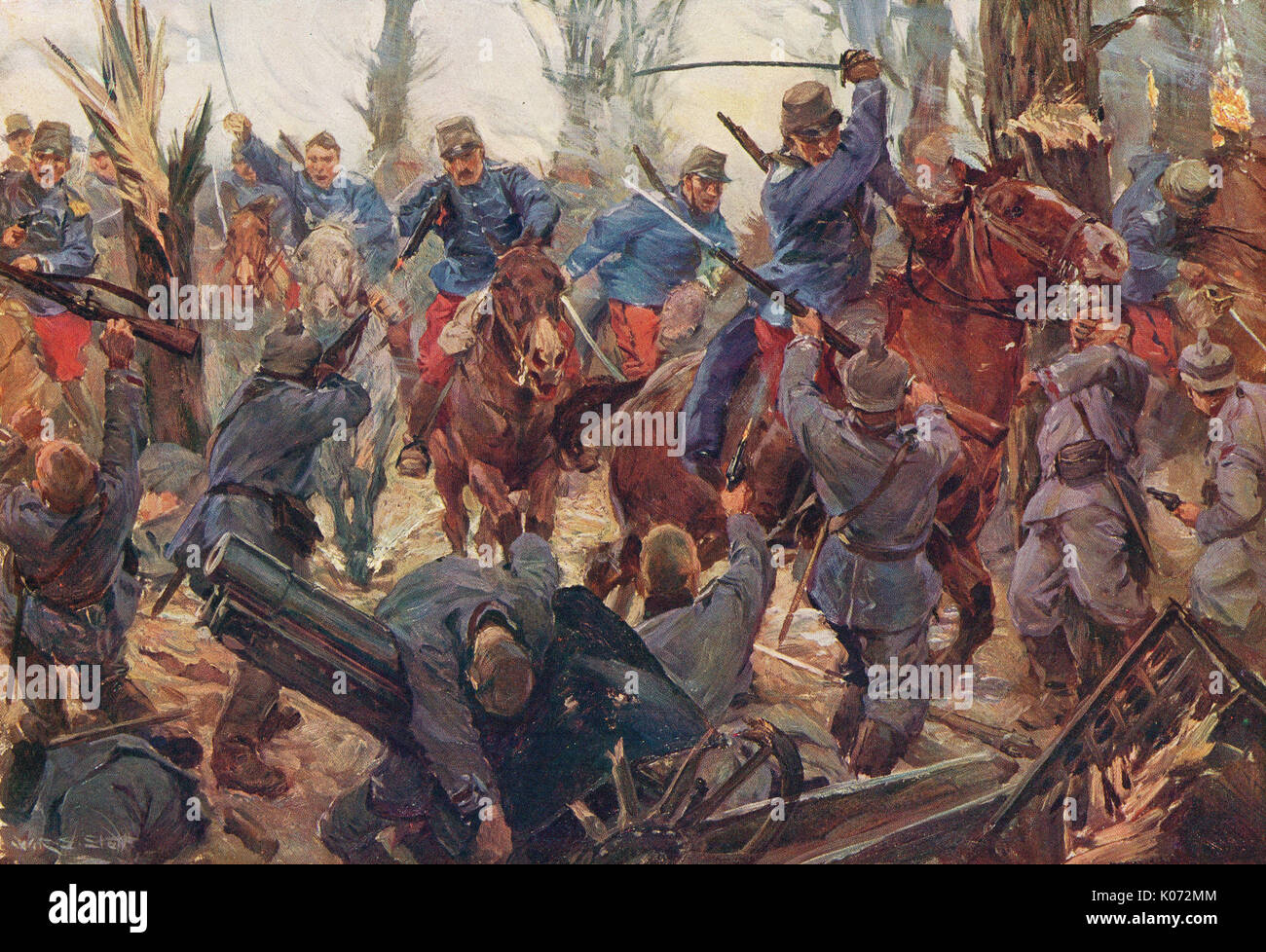 Luce francese carica di cavalleria in Lassigny, 1914, WW1 Foto Stock