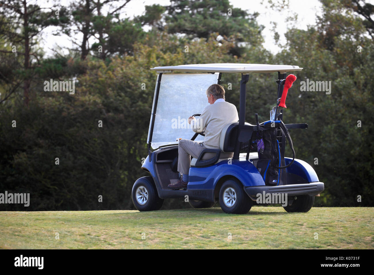 Golfista Senior in un golf buggy sul corso. Foto Stock