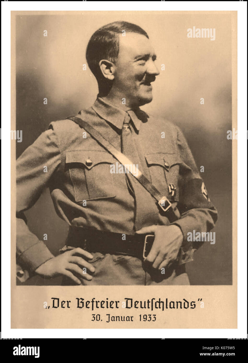ADOLF HITLER propaganda tedesca cartolina 30 Gennaio 1933 "Il liberatore di Germania " su questo famigerato giorno nel 1933, Presidente Paul von Hindenburg nomi Adolf Hitler, leader o il Führer della nazionale socialista tedesco Partito dei Lavoratori (o partito nazista), come il cancelliere della Germania Foto Stock