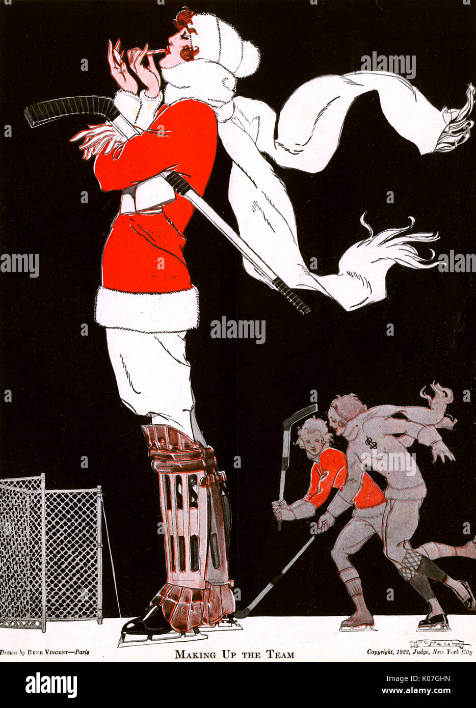Non importa il gioco; una femmina di hockey su ghiaccio giocatore assiste al suo rossetto. Data: 1922 Foto Stock
