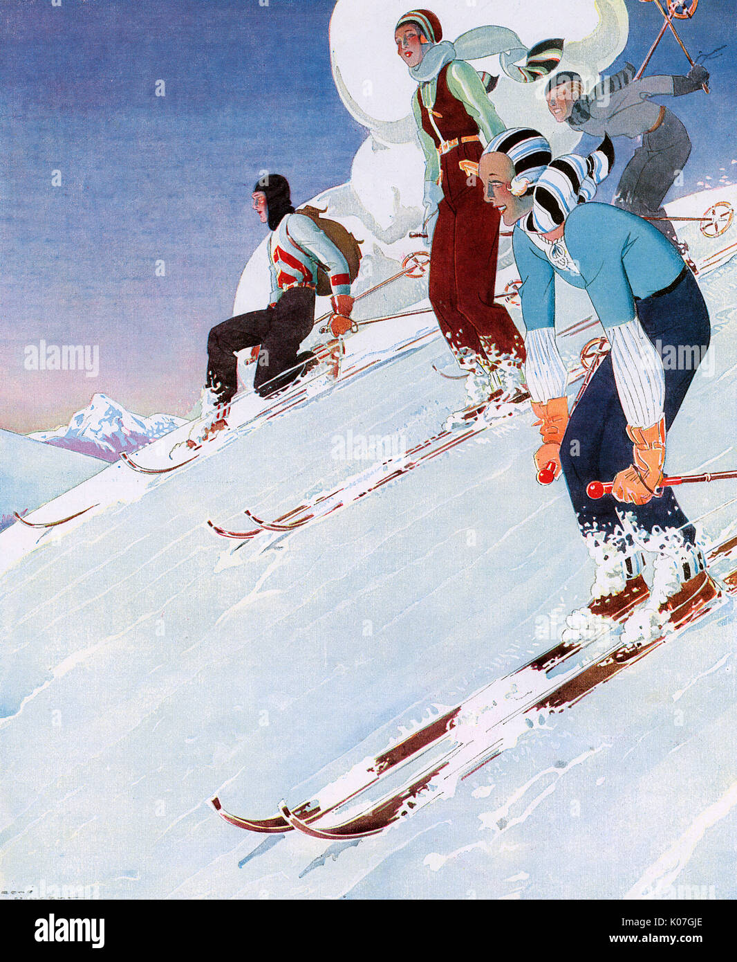 Un quartetto di colorfully vestita sciatori gara in discesa. Data: 1931 Foto Stock
