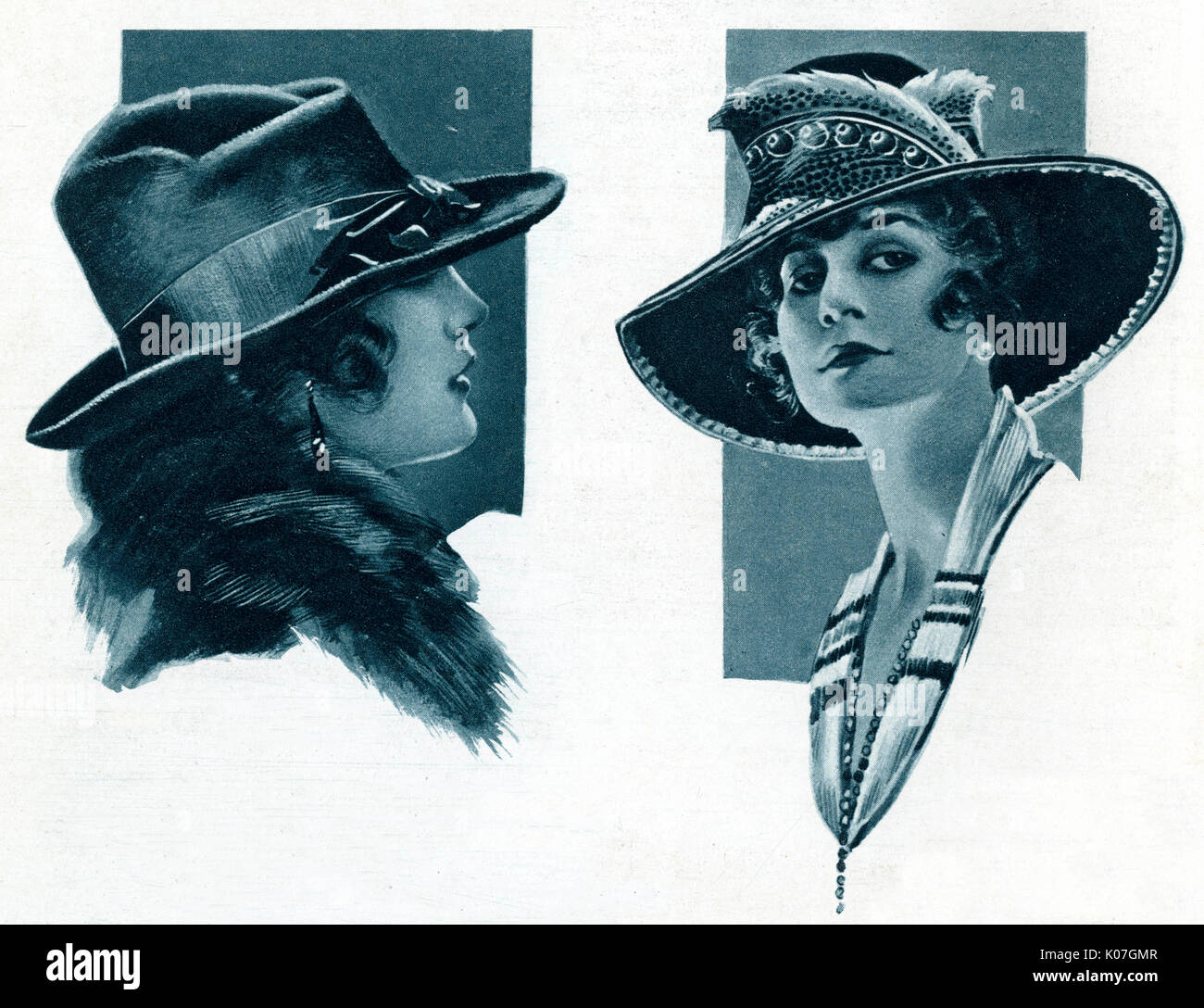 Cappelli per 1919, un affascinante stile trilby hat ottenuto in una varietà  di sfumature, donna sulla destra che indossa una larga tesa hat con due  argus quills attorno alla corona. Data: 1919