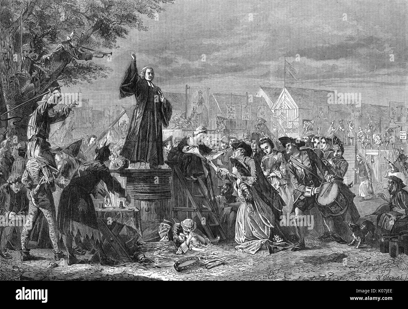 George Whitefield predicando a Moorfields Fair, 1742. Foto Stock