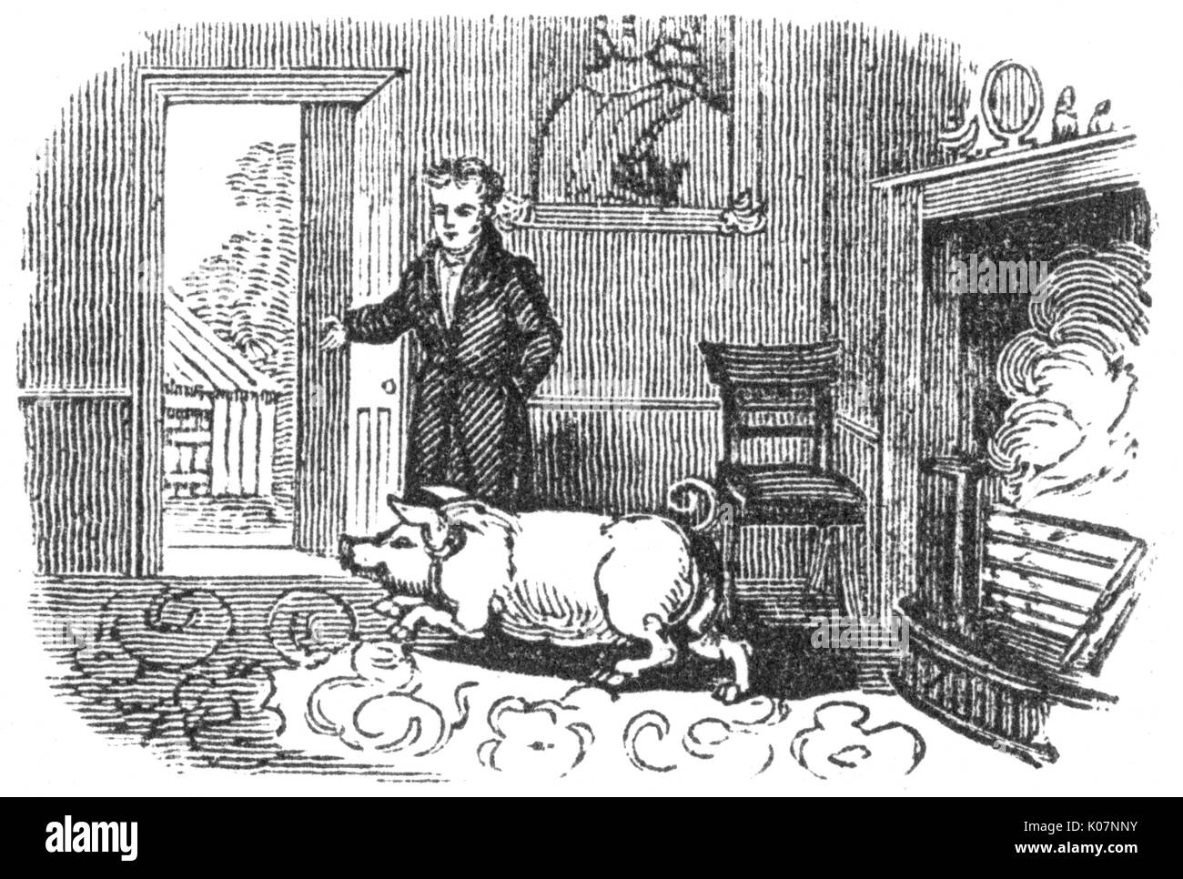 L'uomo che scaccia un maiale dalla sua casa, 1800 Foto Stock