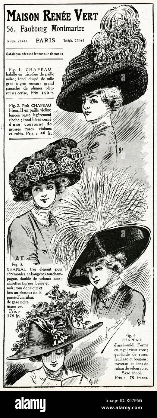 Pubblicità per Maison Renee Vert, cappelli da donna 1910 Foto Stock