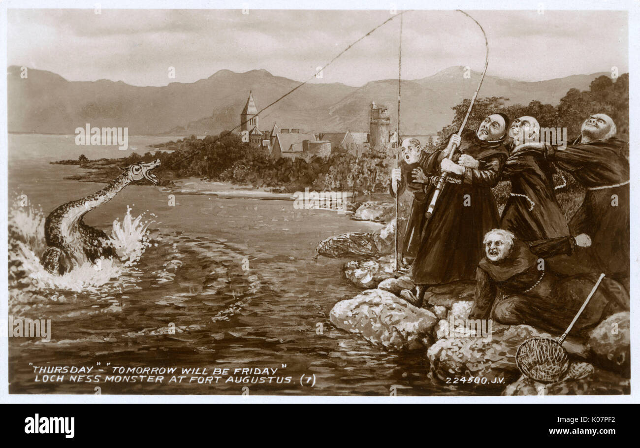 Cartoon, il Mostro di Loch Ness a Fort Augustus Abbey, Inverness Scozia -- un gruppo di monaci benedettini con attrezzatura da pesca -- Domani sarà venerdì. Data: 1936 Foto Stock