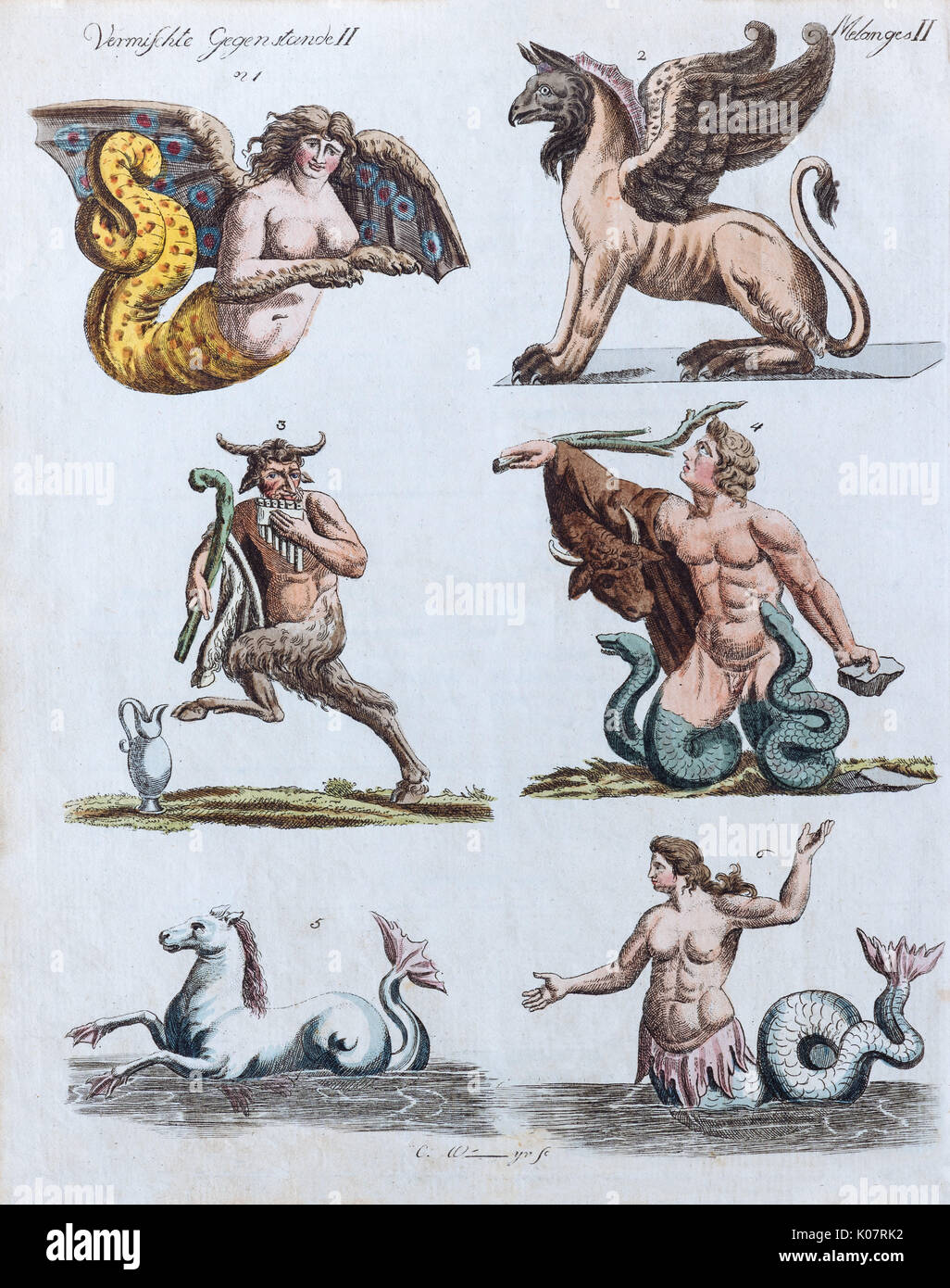 Favoloso animali, colorate a mano incisione su rame da Friedrich Justin Bertuch picture book per bambini, Weimar 1792 Foto Stock