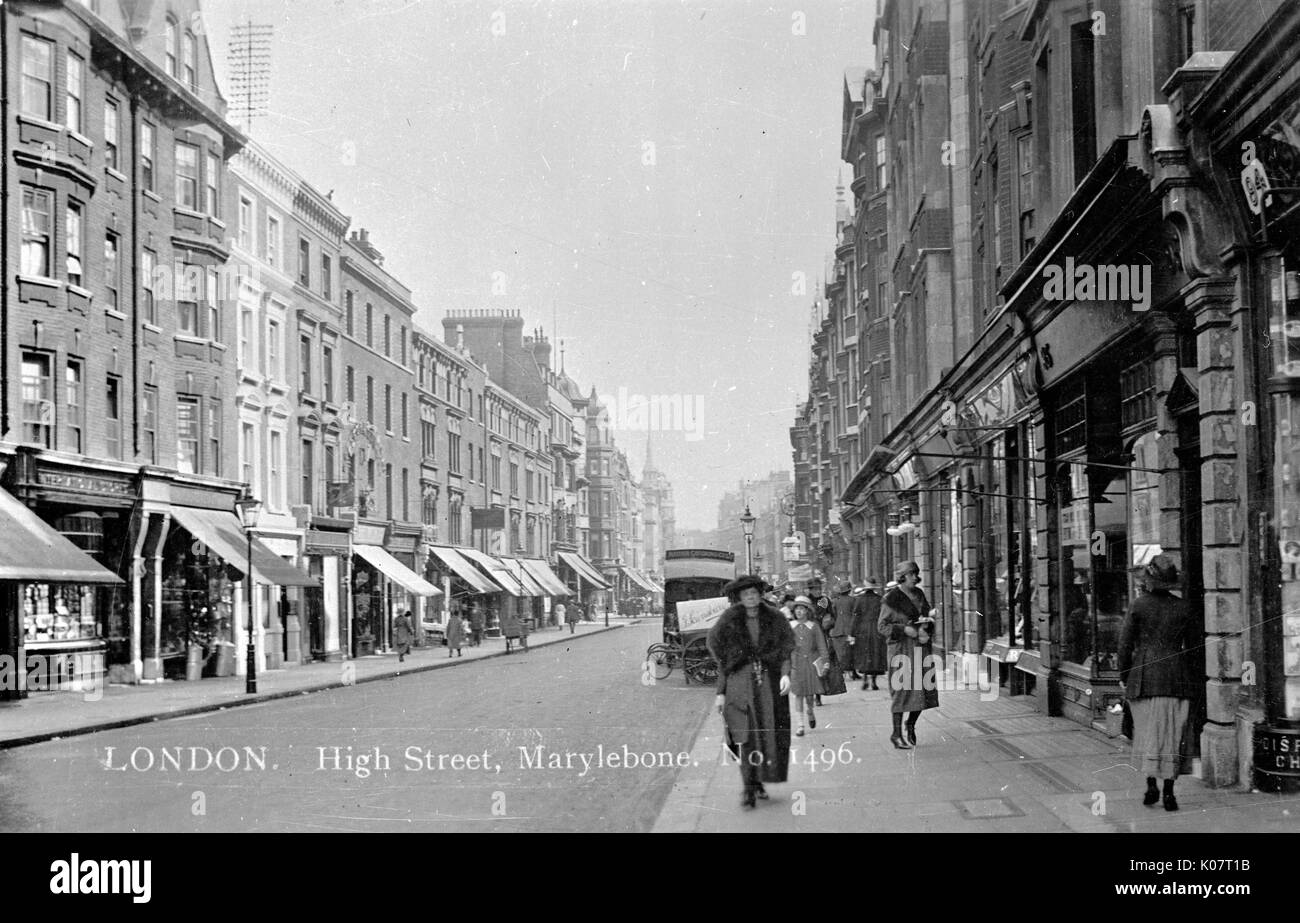 Vista di Marylebone High Street, Londra. Data: circa 1920 Foto Stock