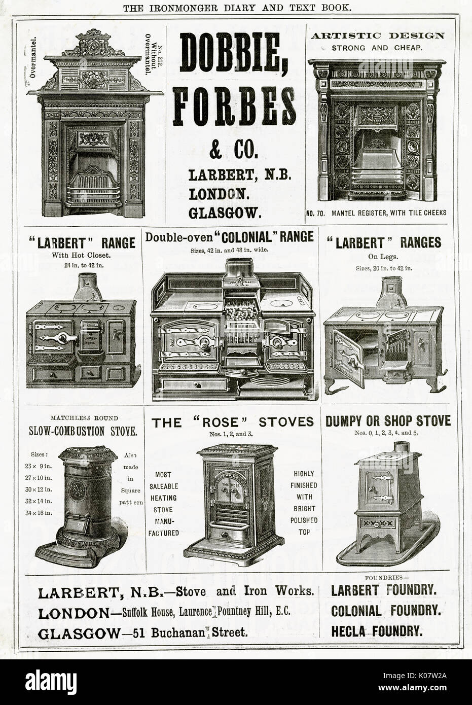 Pubblicità per Dobble, Forbes & Co stufe e gamme 1889 Foto Stock