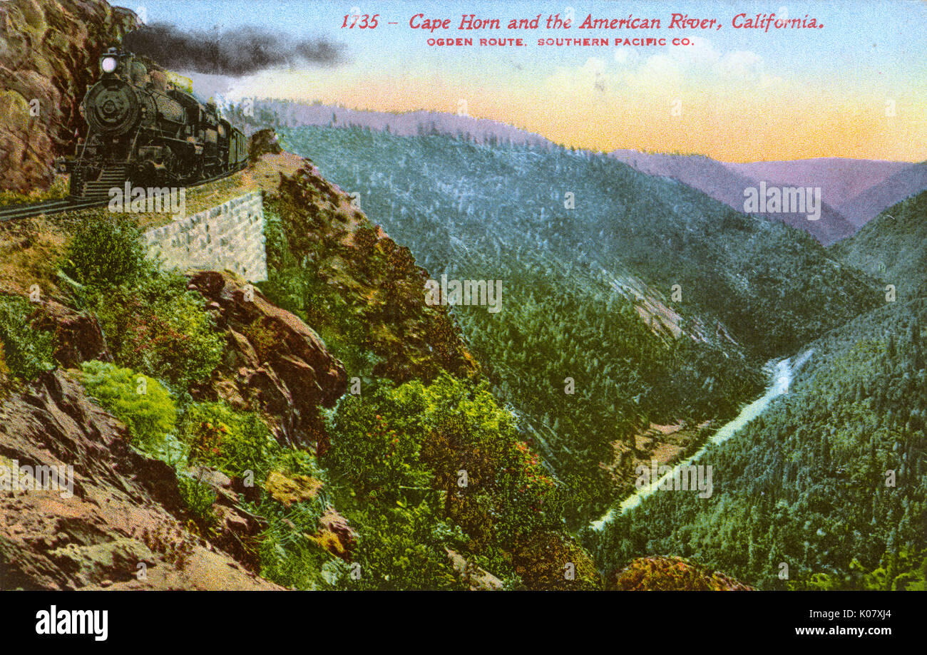 Ogden percorso treno (Pacifico Sud linea) passando Capo Horn e il fiume American, California, Stati Uniti d'America. Data: circa 1910 Foto Stock