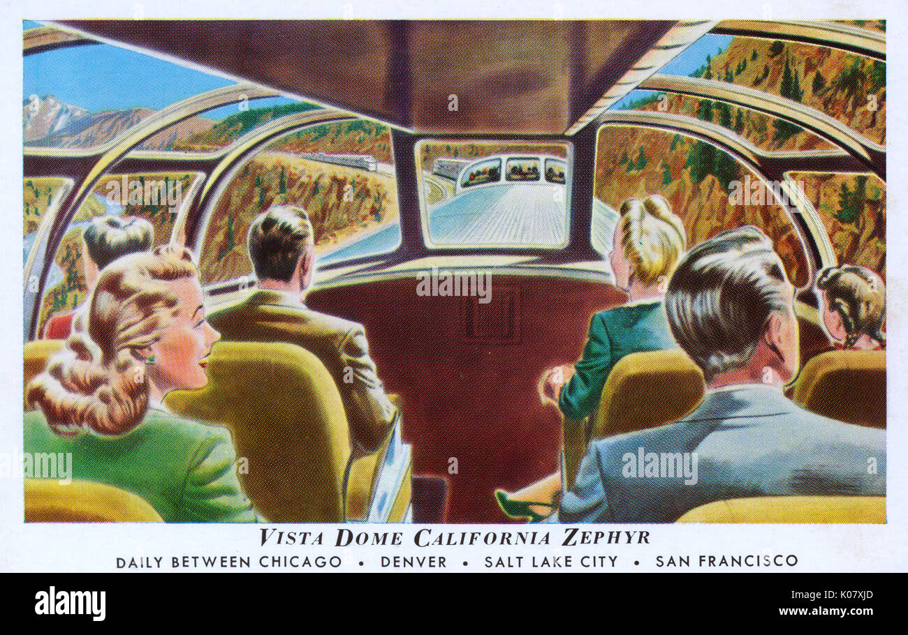 Per coloro che godono di un viaggio di piacere in vista cupola della California Zephyr treno, chiamando a Chicago, Denver, Salt Lake City e San Francisco, Stati Uniti d'America. Data: 1950s Foto Stock