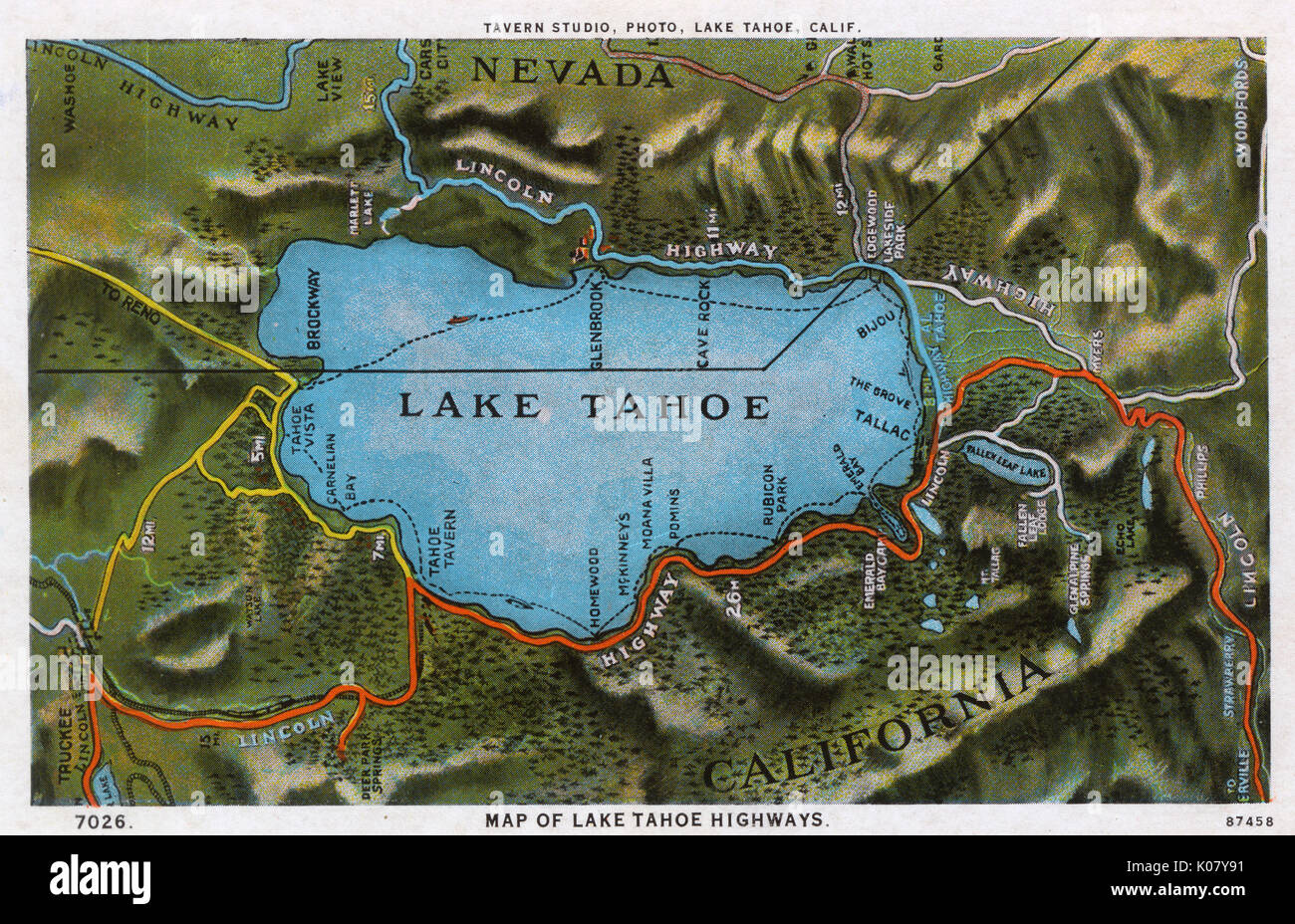 Mappa dell'area del lago Tahoe, Nevada e California, Stati Uniti Foto Stock