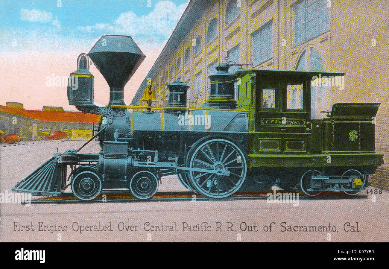 Prima locomotiva motore, C P Huntington, azionata al di sopra della Central Pacific Railroad fuori di Sacramento, California, USA. Data: circa 1910 Foto Stock