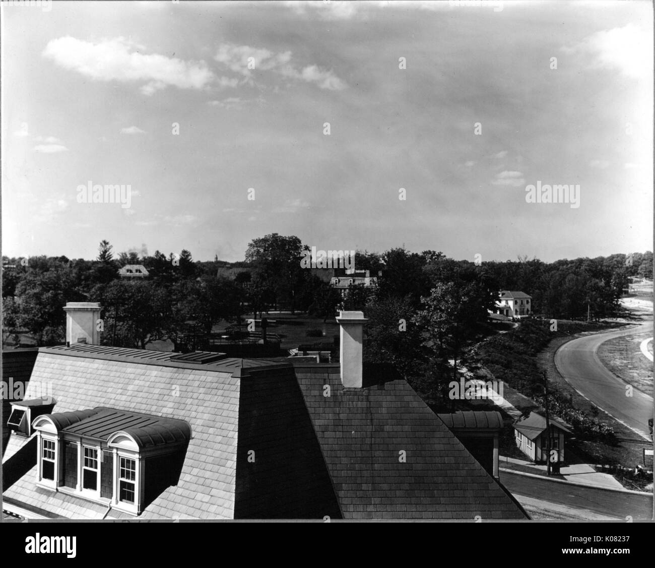 Riprese aeree di un quartiere di Baltimora, Maryland, mostrando il tetto di una casa con finestre dormer e due camini, una strada, molti alberi, e parzialmente oscurate case in background, 1910. Foto Stock Riprese aeree di un quartiere di Baltimora, Maryland, mostrando il tetto di una casa con finestre dormer e due camini, una strada, molti alberi, e parzialmente oscurate case in background, 1910. Foto Stock