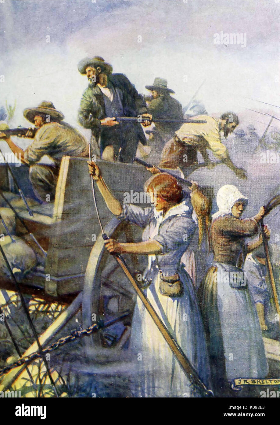Battaglia di Blood River 16 dicembre 1838. Un 1909 Illustrazione di J.S.Skelton di Boer donne pistole di caricamento Foto Stock