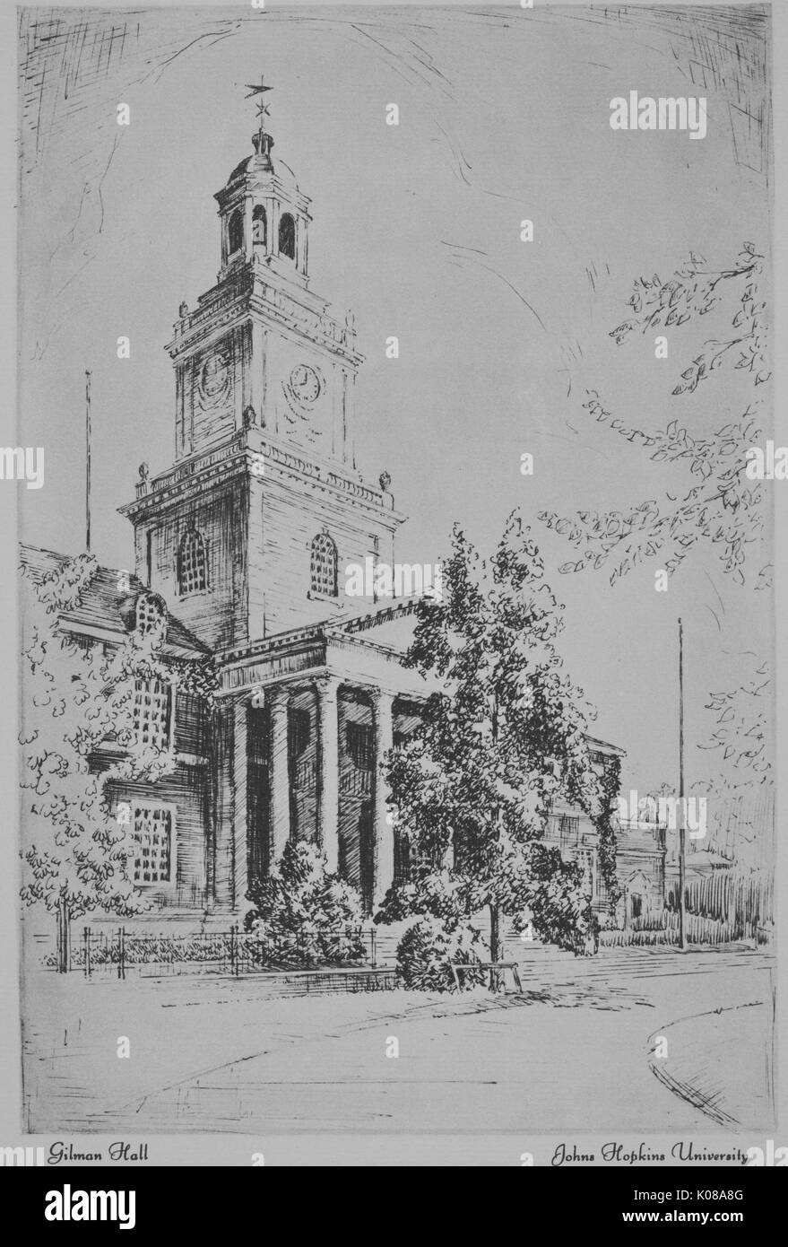 La stampa di un bozzetto di Gilman Hall su Homewood campus della Johns Hopkins University di Baltimore, Maryland, mostra di architettura e paesaggio, 1915. Foto Stock