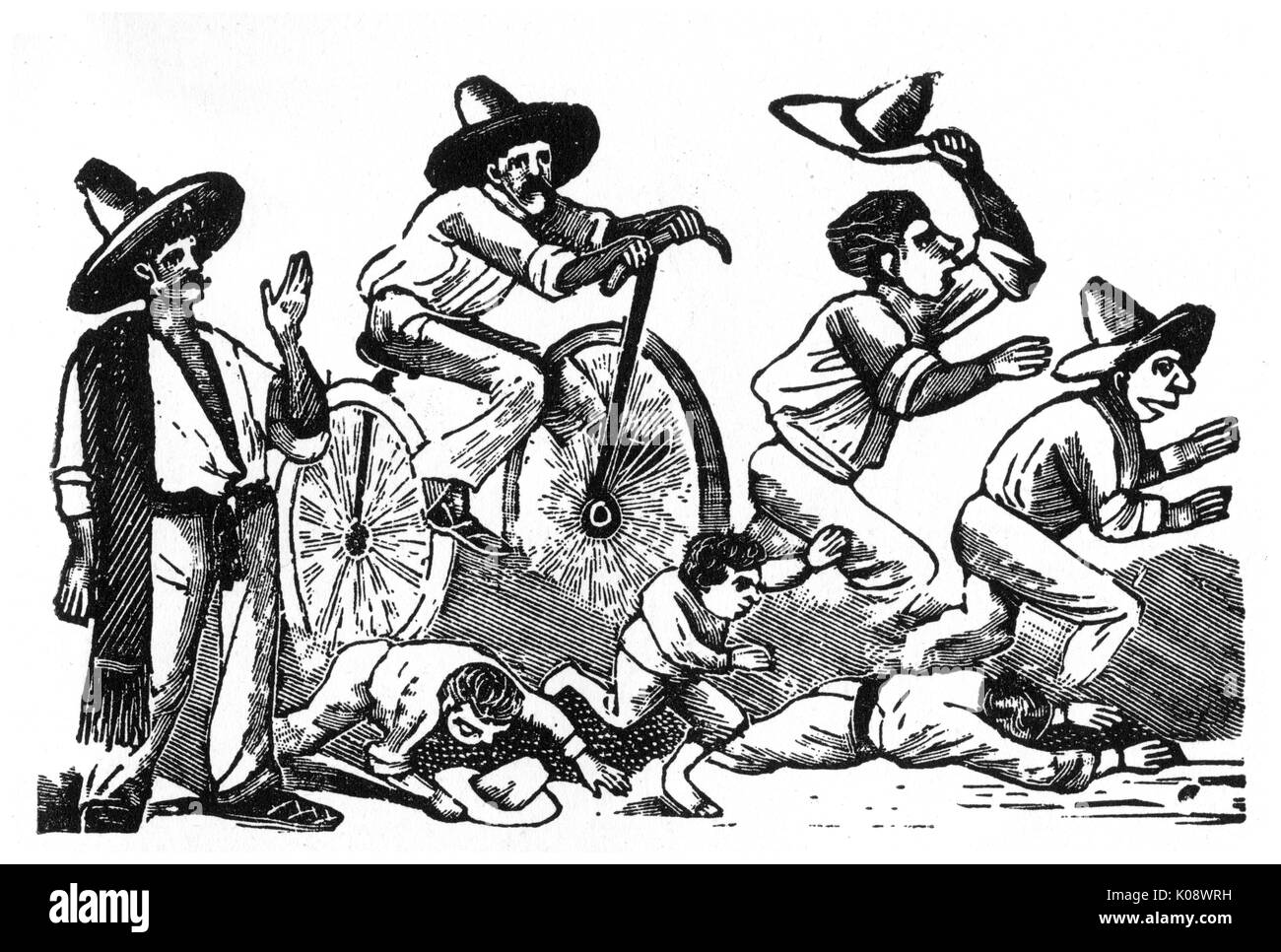L'avvento della bicicletta, Messico -- persone corrono nella paura. circa 1900s Foto Stock