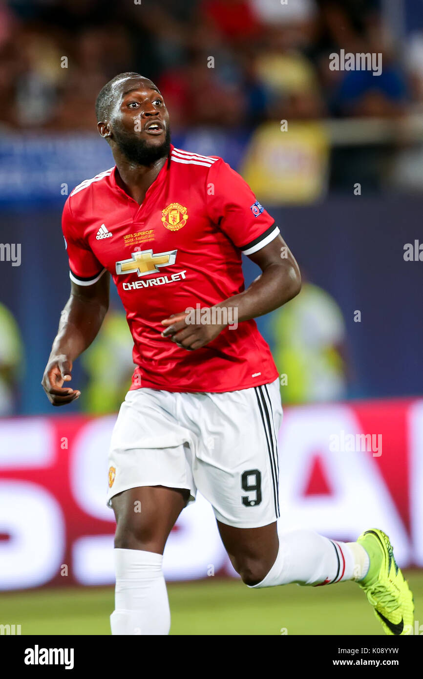 Skopje, ERIM - Agosto 8,2017: Manchester United Romelu Lukaku durante la Coppa UEFA Intertoto partita finale tra il Real Madrid e il Manchester United a Phil Foto Stock