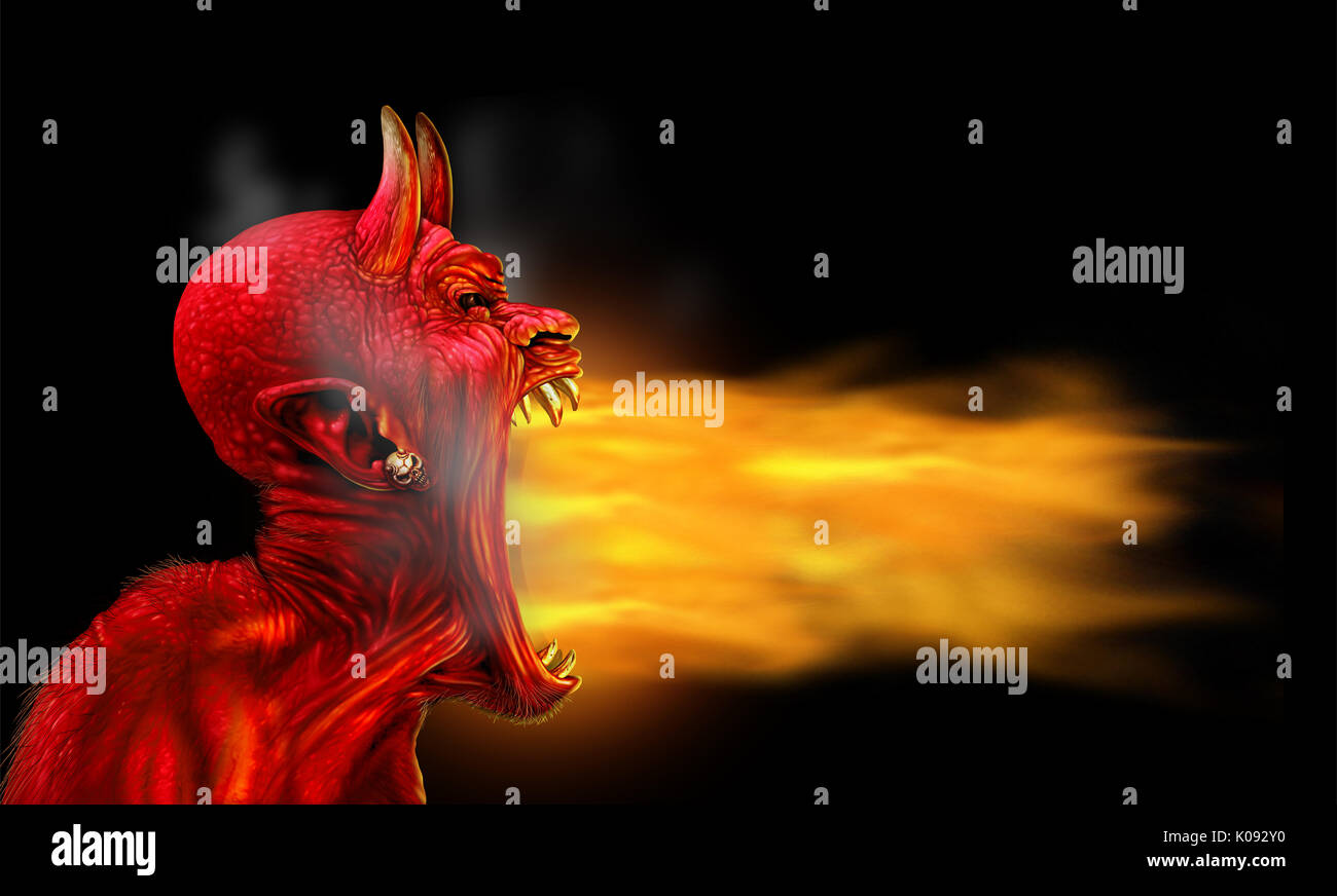 Satana fiamme su uno sfondo nero come demone fire blaze come creepy scary red cornuto Bestia satanica monster respirando caldo torcia ardente. Foto Stock