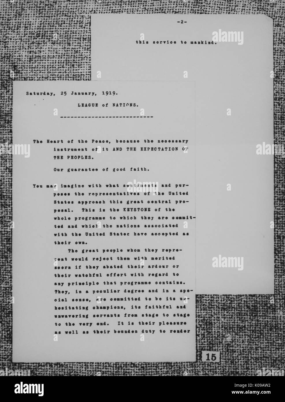 Note, da Wilsons proprio i nastri inchiostratori per macchine da scrivere, realizzata nel corso della preparazione del suo discorso prima del secondario Sessione Plenaria di Parigi la conferenza di pace, Gennaio 25, 1919; lega delle nazioni è stato discusso nel corso di questa riunione, 25 gennaio 1919. Foto Stock