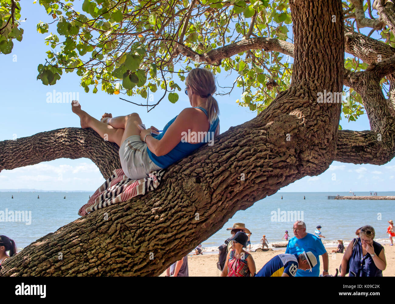 Donna rilassarsi all'ombra di alberi Foto Stock