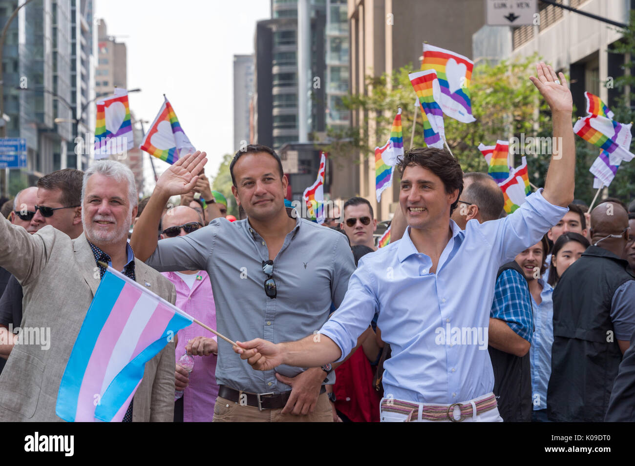 Montreal, Canada - 20 August 2017. Il primo ministro canadese Justin Trudeau e in Irlanda il Primo Ministro Leo Varadkar prendere parte a Montreal Pride Parade. Foto Stock
