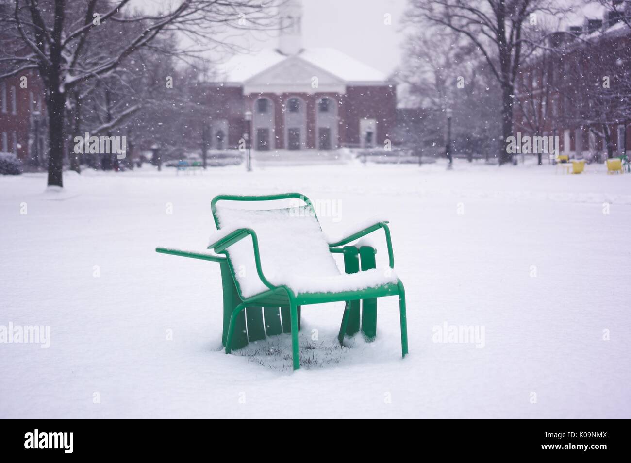 Un prato sedia ricoperta di neve si siede di fronte a Shriver Hall come la neve cade il quadrangolo Decker su Homewood campus della Johns Hopkins University di Baltimore, Maryland, 2015. La cortesia Eric Chen. Foto Stock