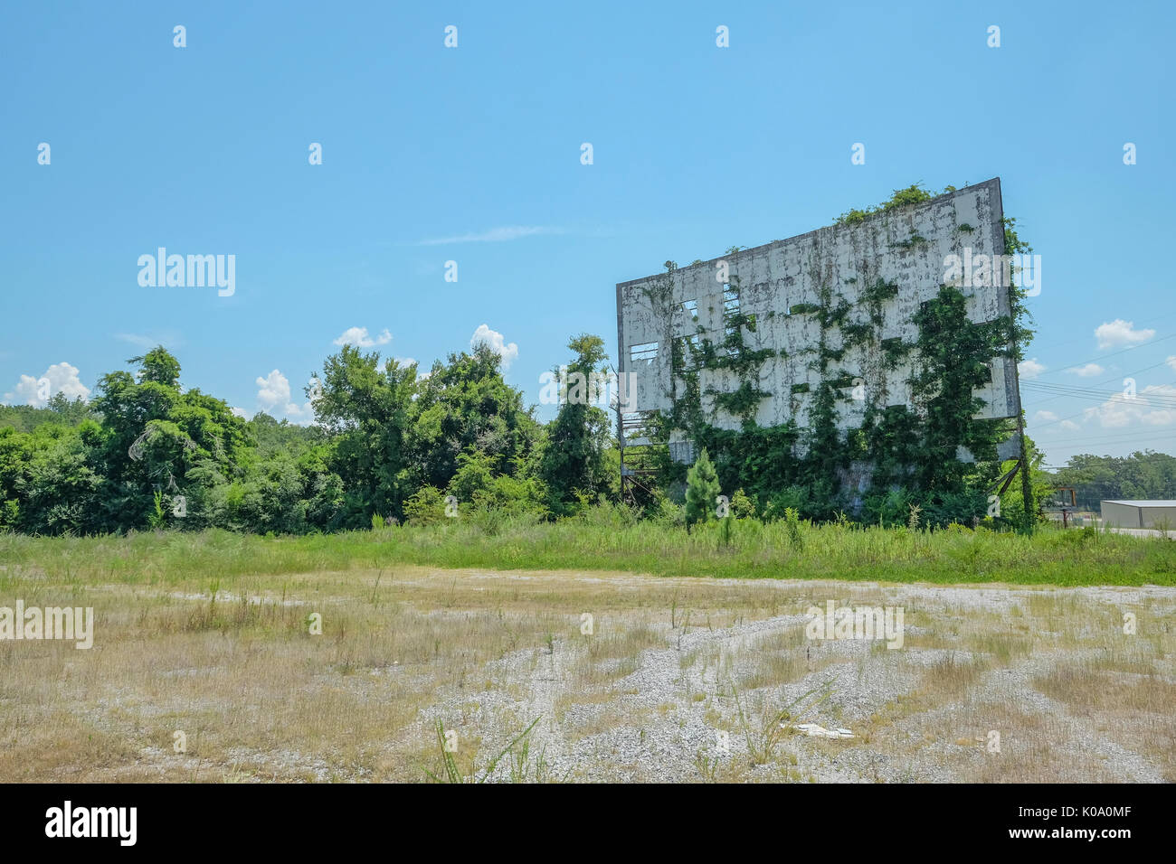 Chiuse e abbandonate drive-in Theatre di clanton ALABAMA, Stati Uniti d'America, ricoperta da vigneti e alberi. Foto Stock