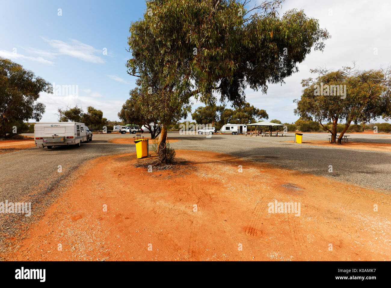 Case mobili in una banchina area riposo, Murchison, Australia occidentale Foto Stock