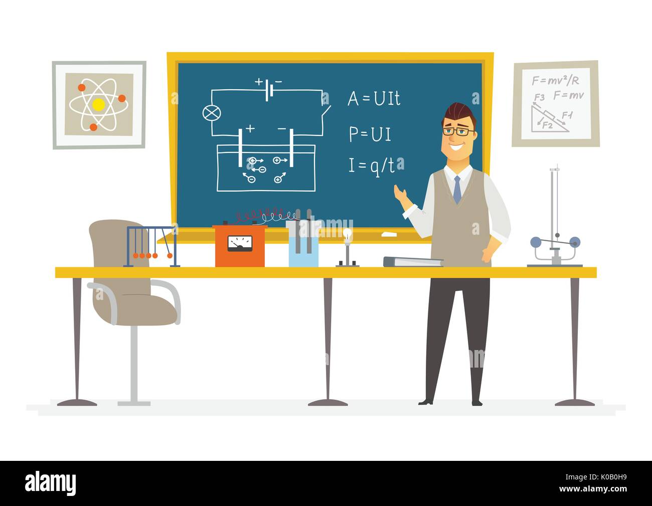 Aula di Fisica - maschio insegnante di composizione presso la blackboard Illustrazione Vettoriale