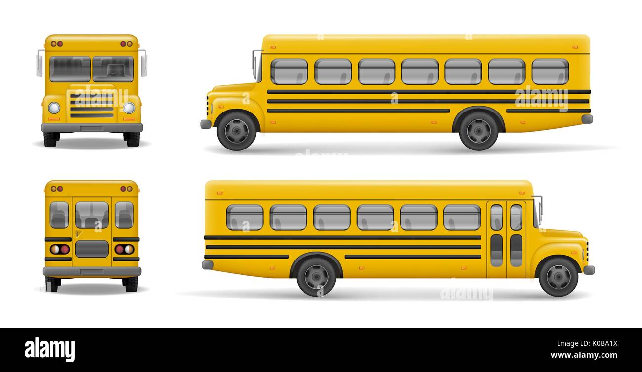 Giallo scuola bus anteriore, posteriore e laterale. Trasporto e trasporto del veicolo, torna a scuola. Bus Relistic mockup. Illustrazione Vettoriale Illustrazione Vettoriale