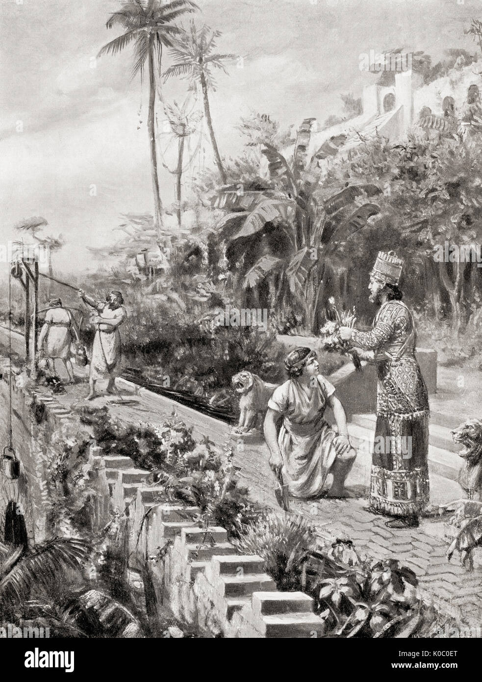 Giardini pensili di Babilonia, una delle sette meraviglie del mondo antico. Visto qui Nabucodonosor II inspectiong un fiore raro che il suo capo giardiniere sta per pianta. Dopo la pittura da Margaret Dovaston (1884-1954). Da Hutchinson nella storia delle nazioni, pubblicato 1915. Foto Stock