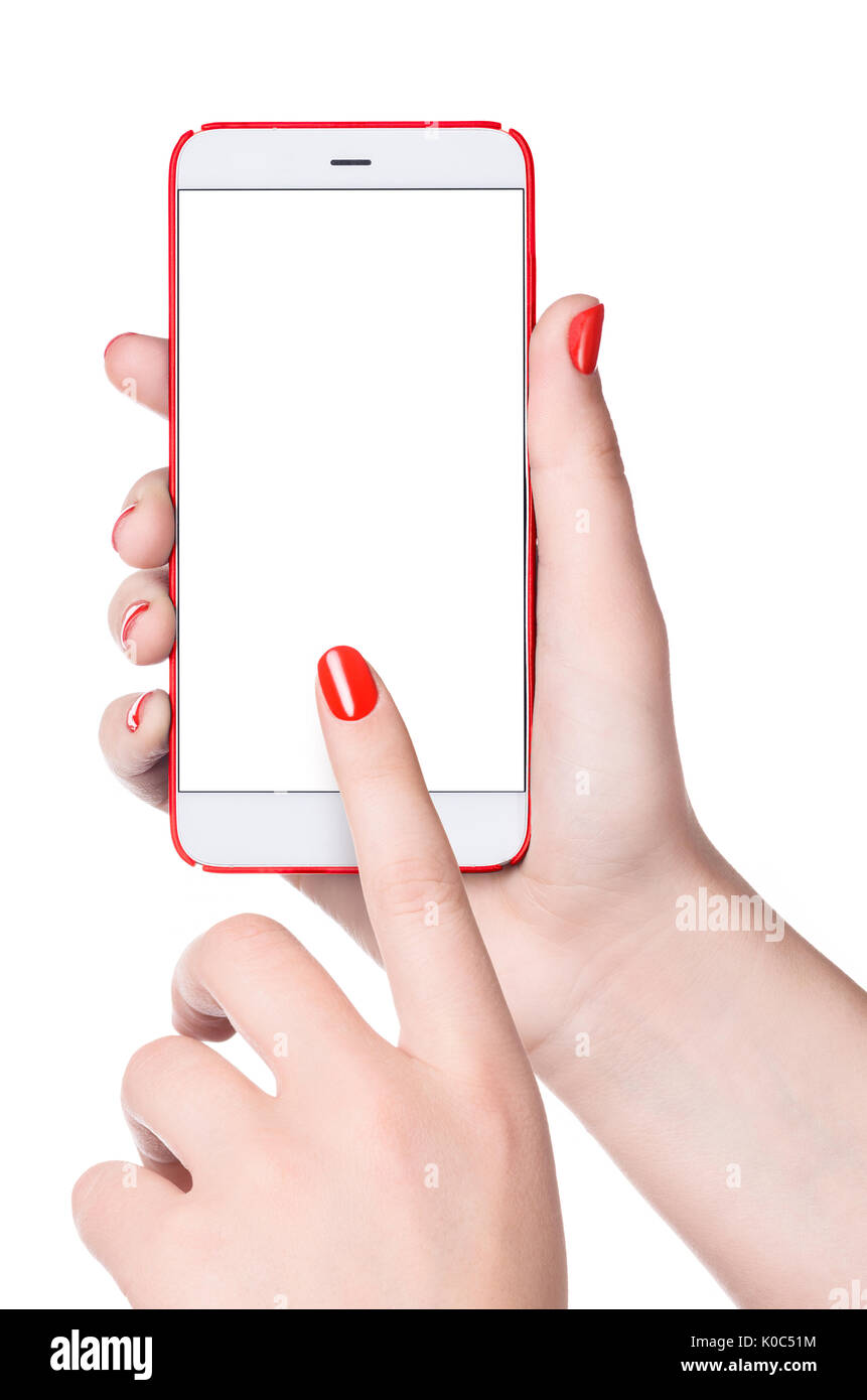 Smartphone femminile in mano Foto Stock