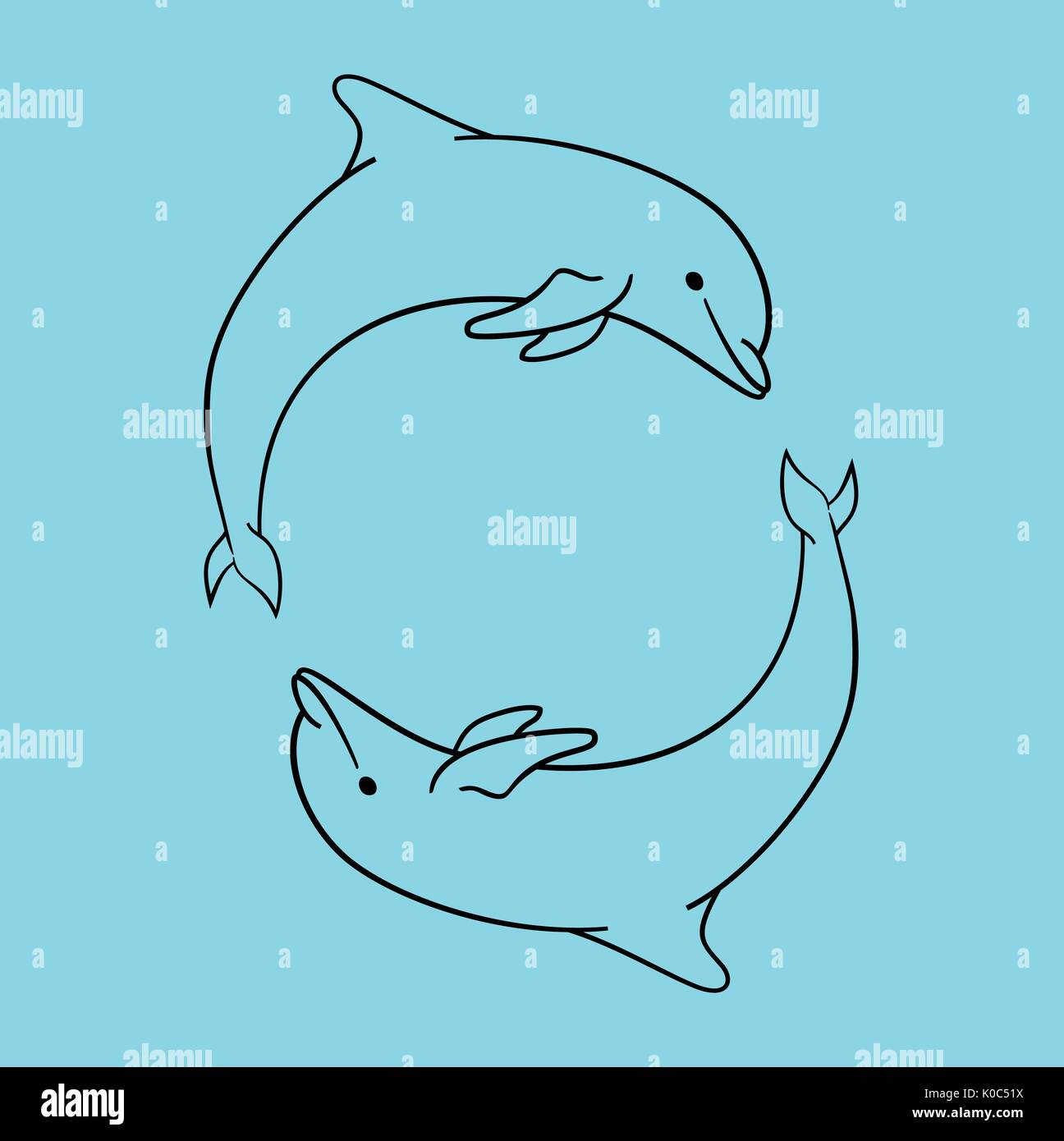 Icona del delfino blu in stile contorno isolato. Illustrazione Vettoriale