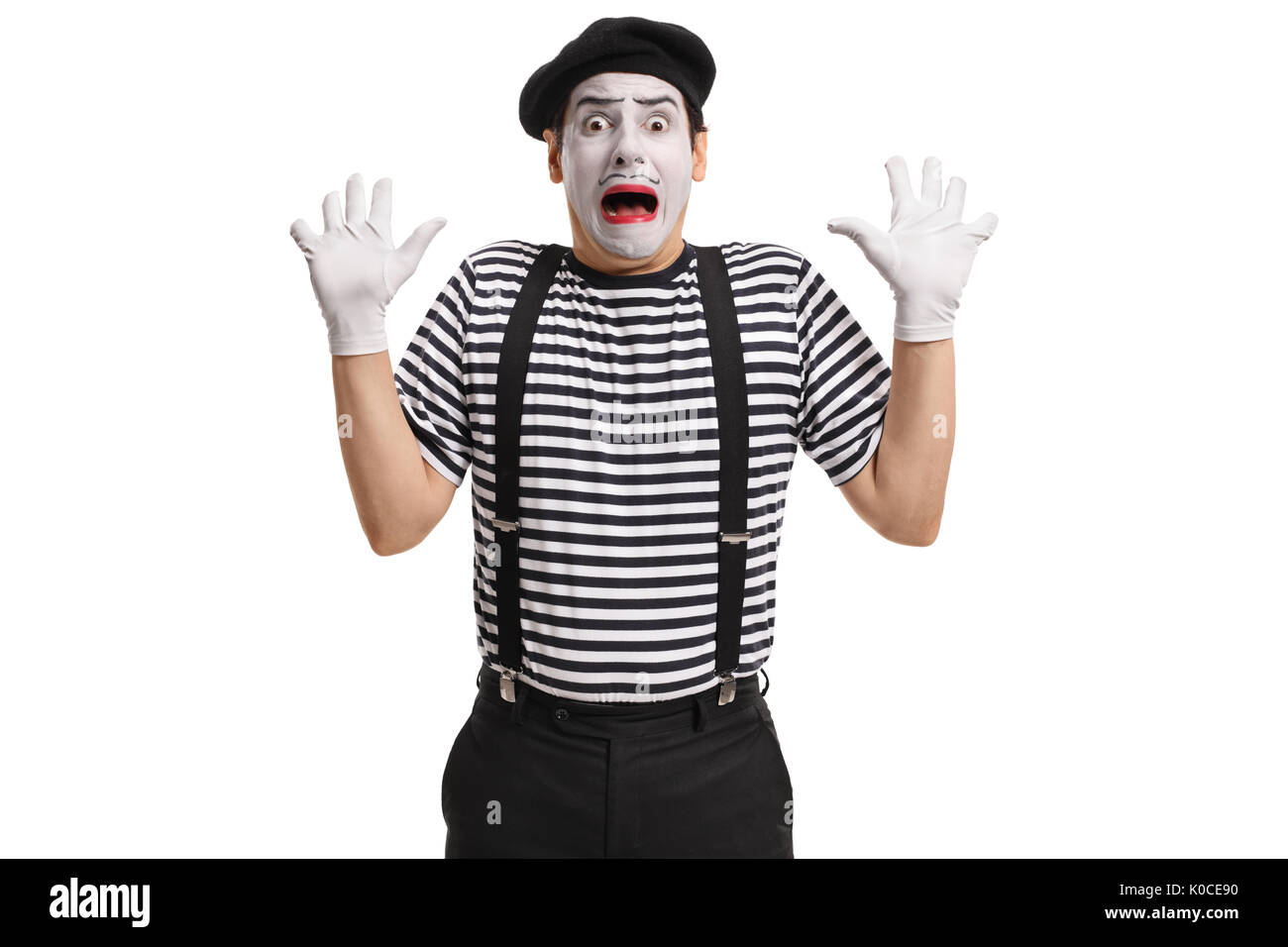 Terrorizzato artista mime isolati su sfondo bianco Foto Stock
