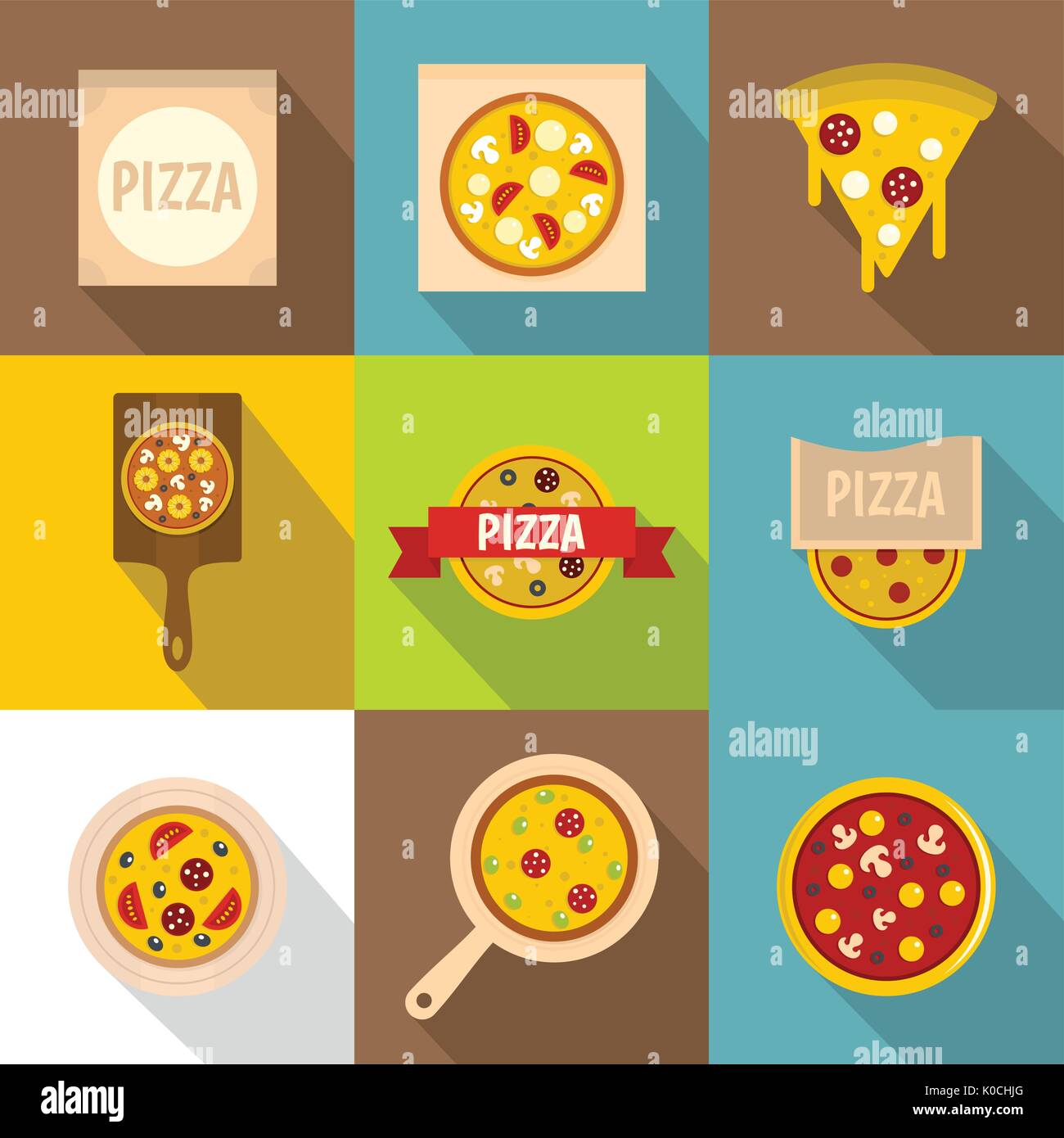 Pizza set di icone di stile di Piana Illustrazione Vettoriale