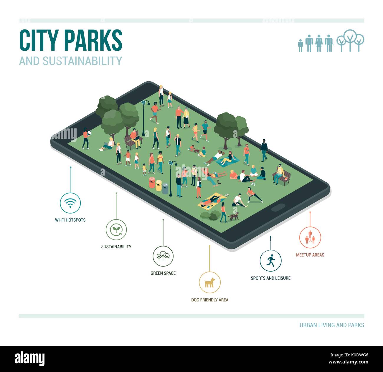 City Park, la sostenibilità e la tecnologia ed infografico: persone insieme rilassante e raccolta nel parco su uno schermo tattile digitale compressa Illustrazione Vettoriale