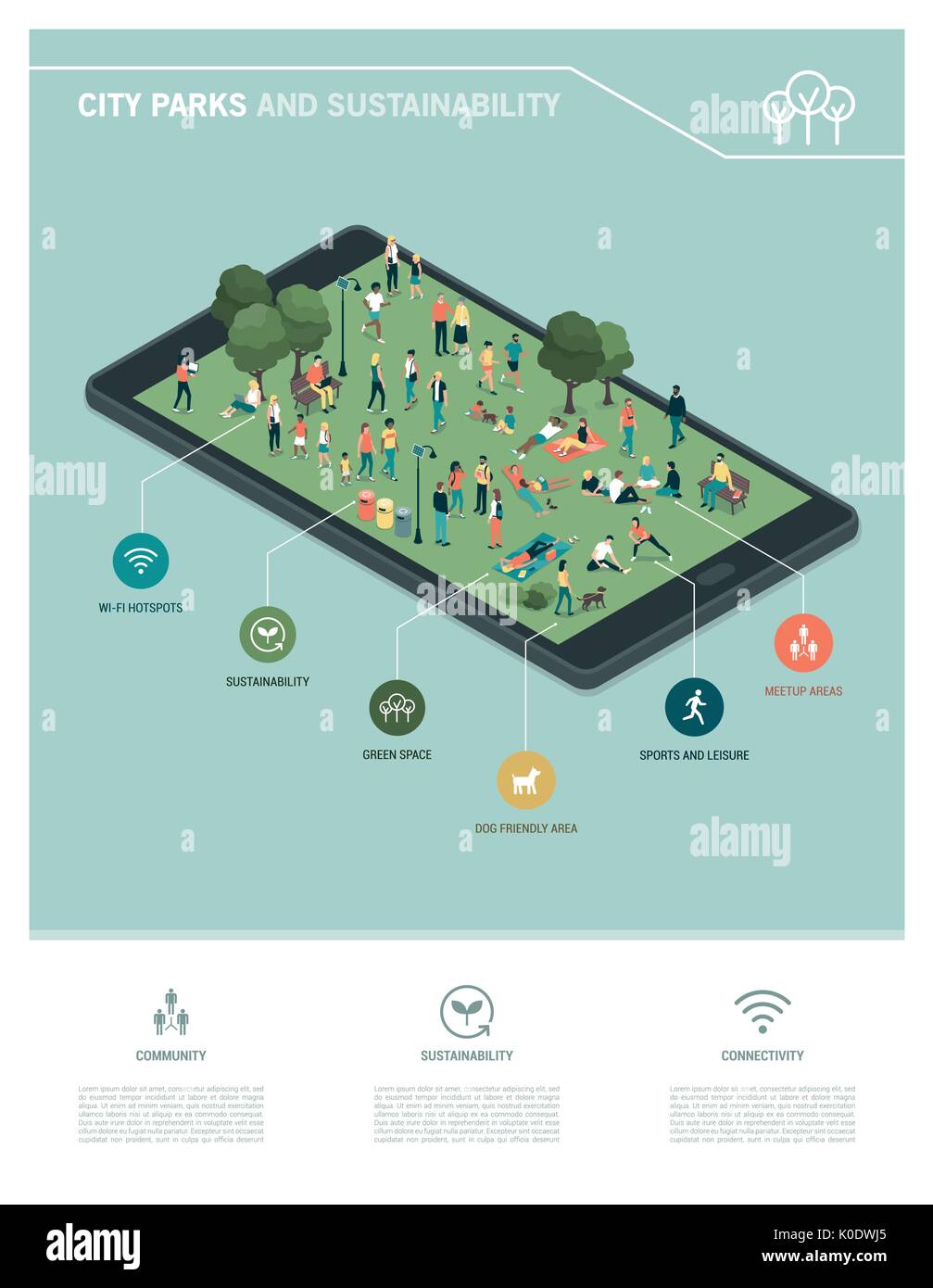 City Park, la sostenibilità e la tecnologia ed infografico: persone insieme rilassante e raccolta nel parco su uno schermo tattile digitale compressa Illustrazione Vettoriale
