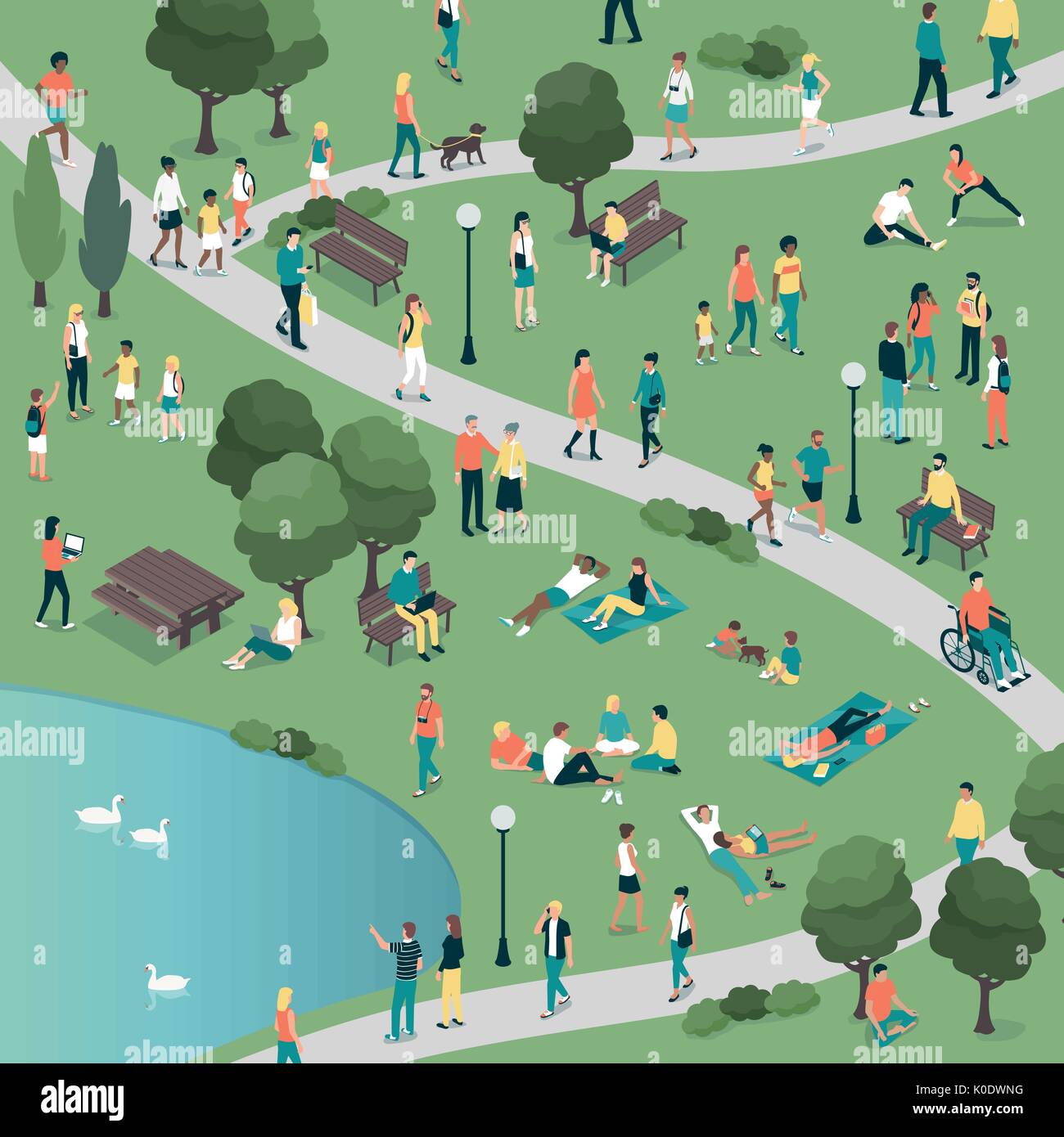 Raduno di persone nella città parco urbano e rilassarsi nella natura insieme, comunità e concetto di stile di vita Illustrazione Vettoriale