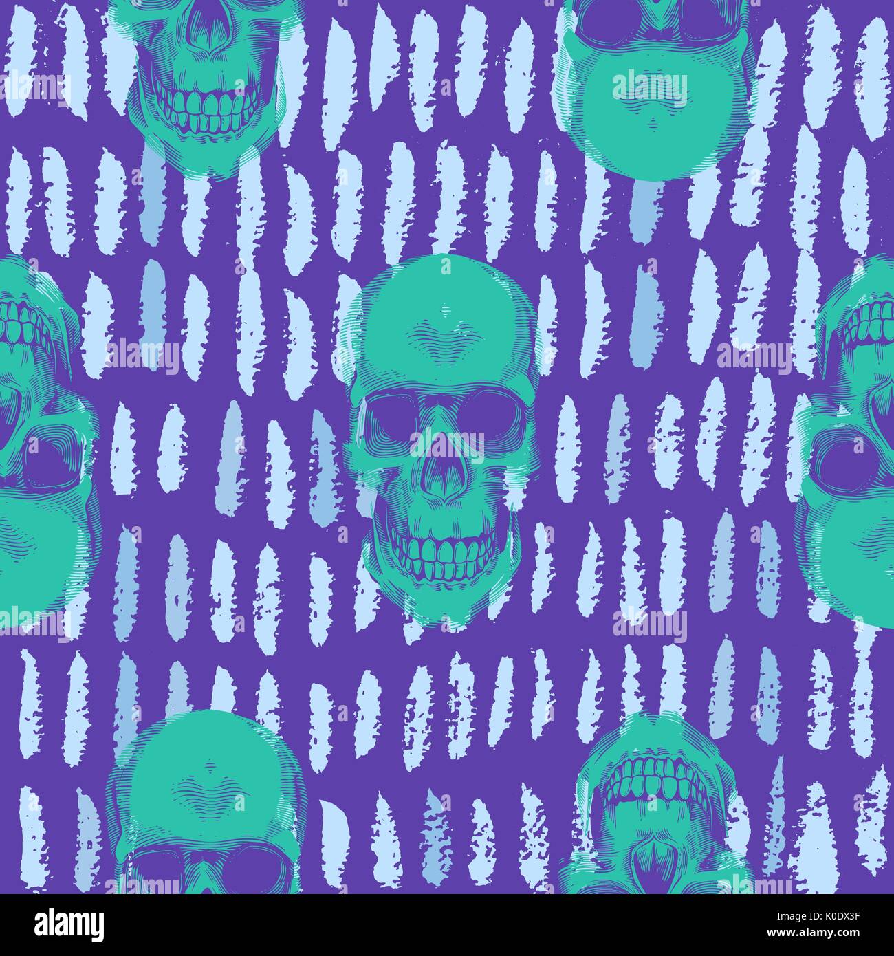 Psichedelico modello senza cuciture con verde teschi umani tracciata contro viola con sfondo blu corto tracce di vernice. Illustrazione Vettoriale in pop art stile per lo sfondo, la stampa tessile, la carta di avvolgimento. Illustrazione Vettoriale