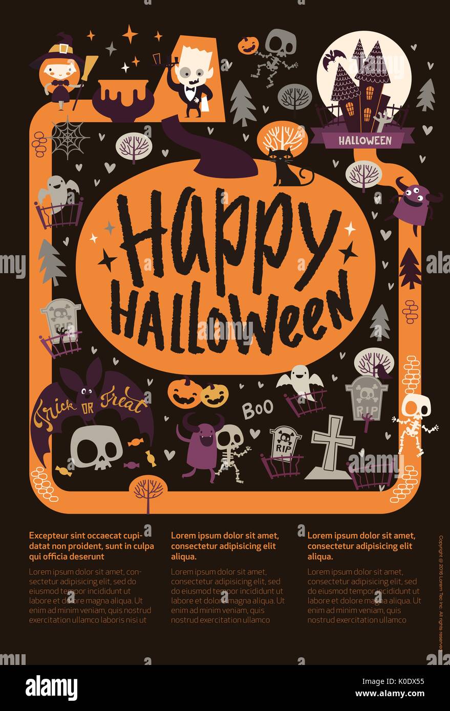 Carino festosa happy Halloween annuncio modello di pagina di intestazione con il cartoon fantasmi, zucche, scheletri e posto per il testo su sfondo nero. Illustrazione di vettore per l'invito alla festa, biglietto di auguri. Illustrazione Vettoriale