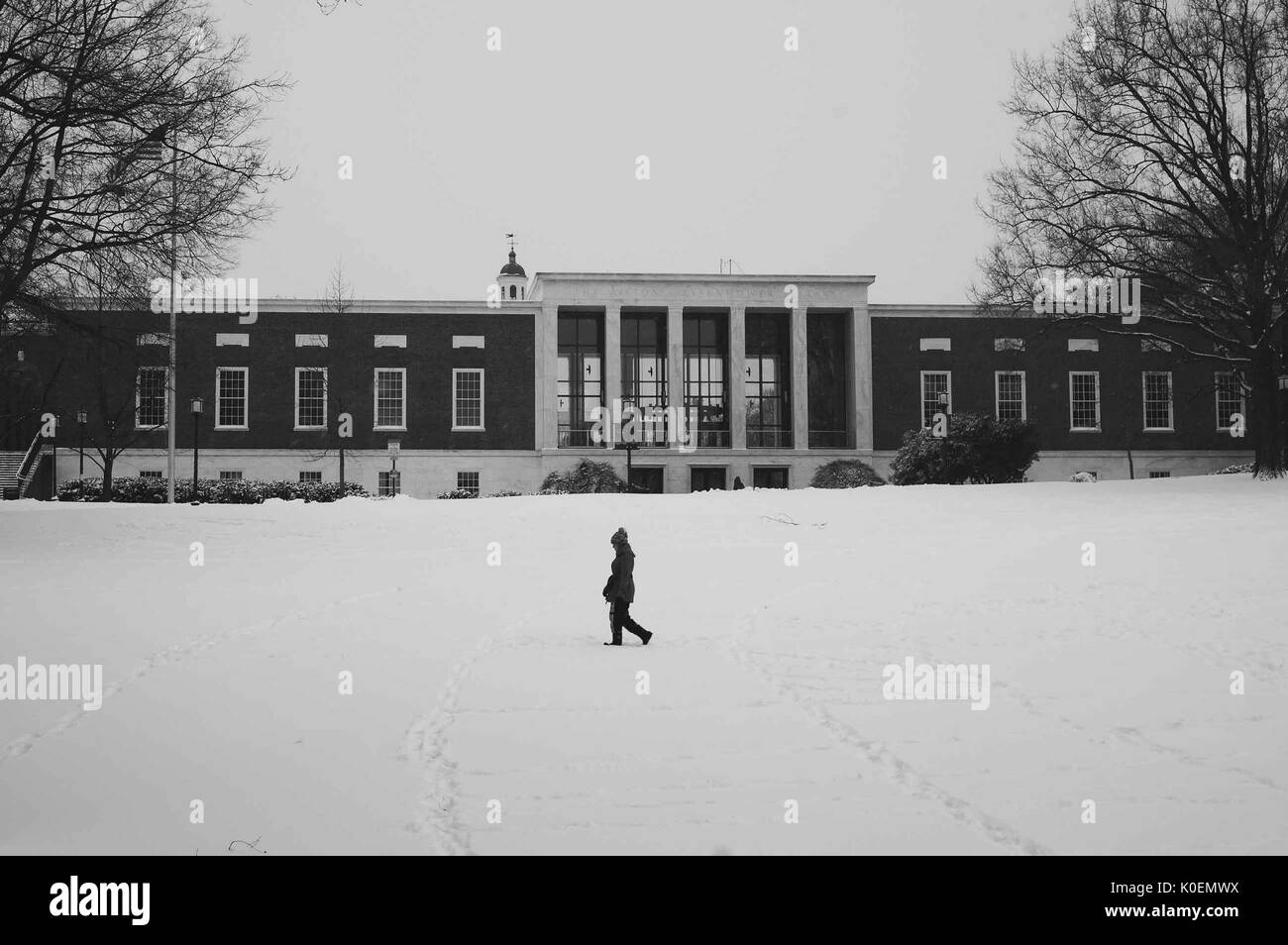 Uno studente di college passeggiate attraverso la neve oltre il milton s. eisenhower libreria su homewood campus della Johns Hopkins University di Baltimore, Maryland, 2014. cortesia eric chen. Foto Stock