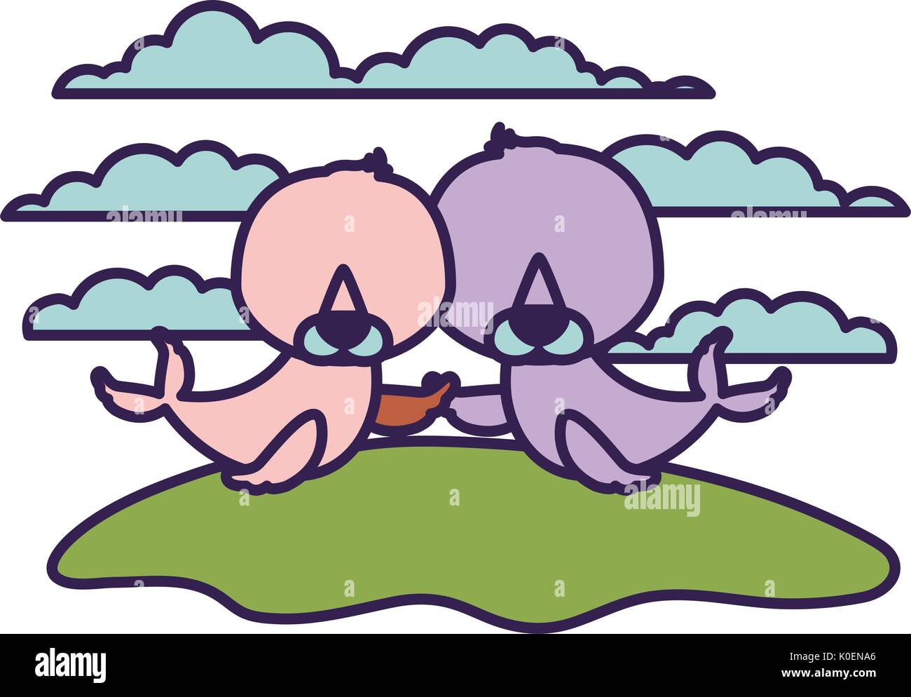 Sfondo bianco con luce di colore scena Couple guarnizioni senza volto animali acquatici in erba Illustrazione Vettoriale