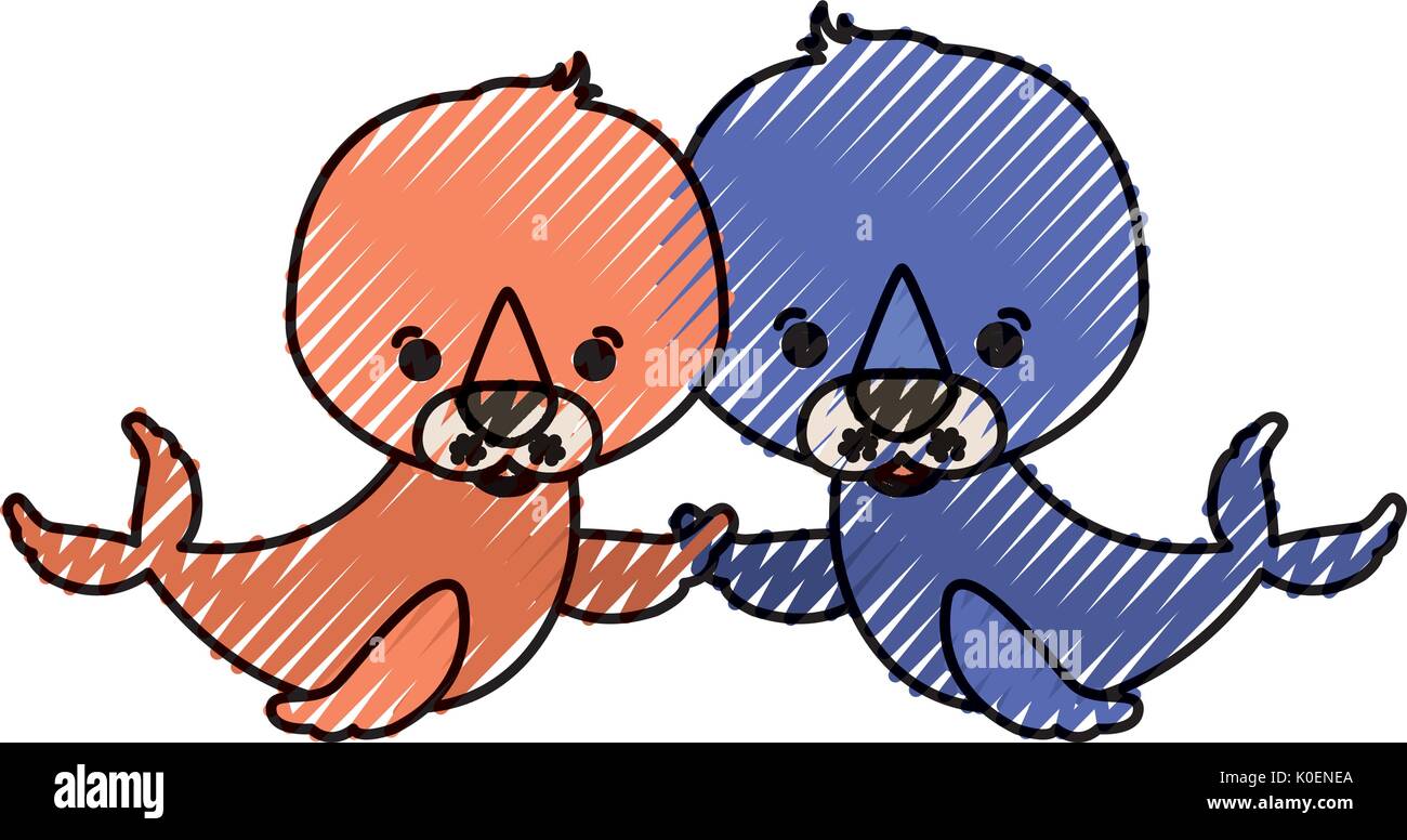 Color pastello silhouette caricatura giovane graziosi animali acquatici delle guarnizioni Illustrazione Vettoriale