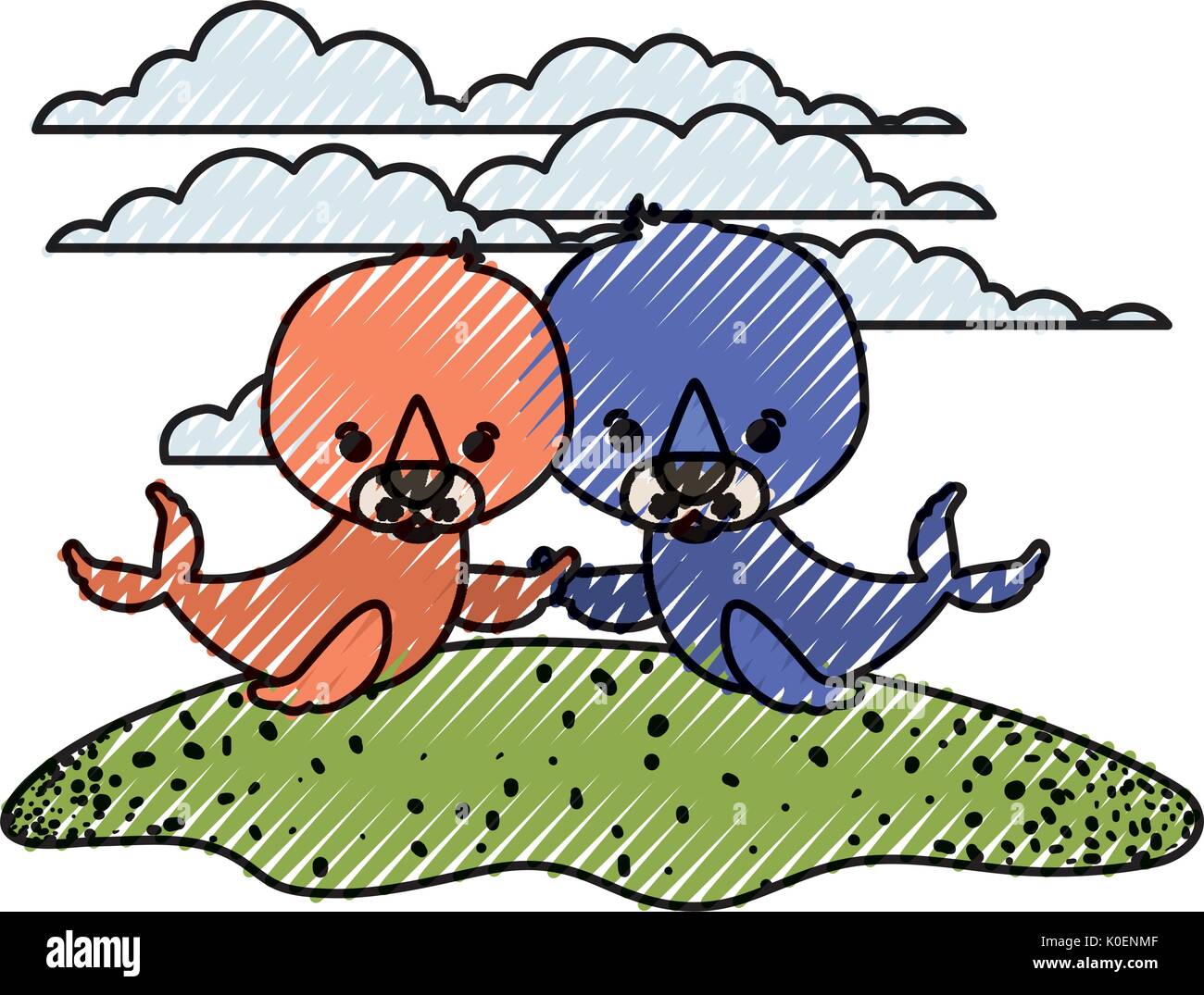 Color pastello silhouette scena giovane caricatura guarnizioni animali acquatici in erba Illustrazione Vettoriale