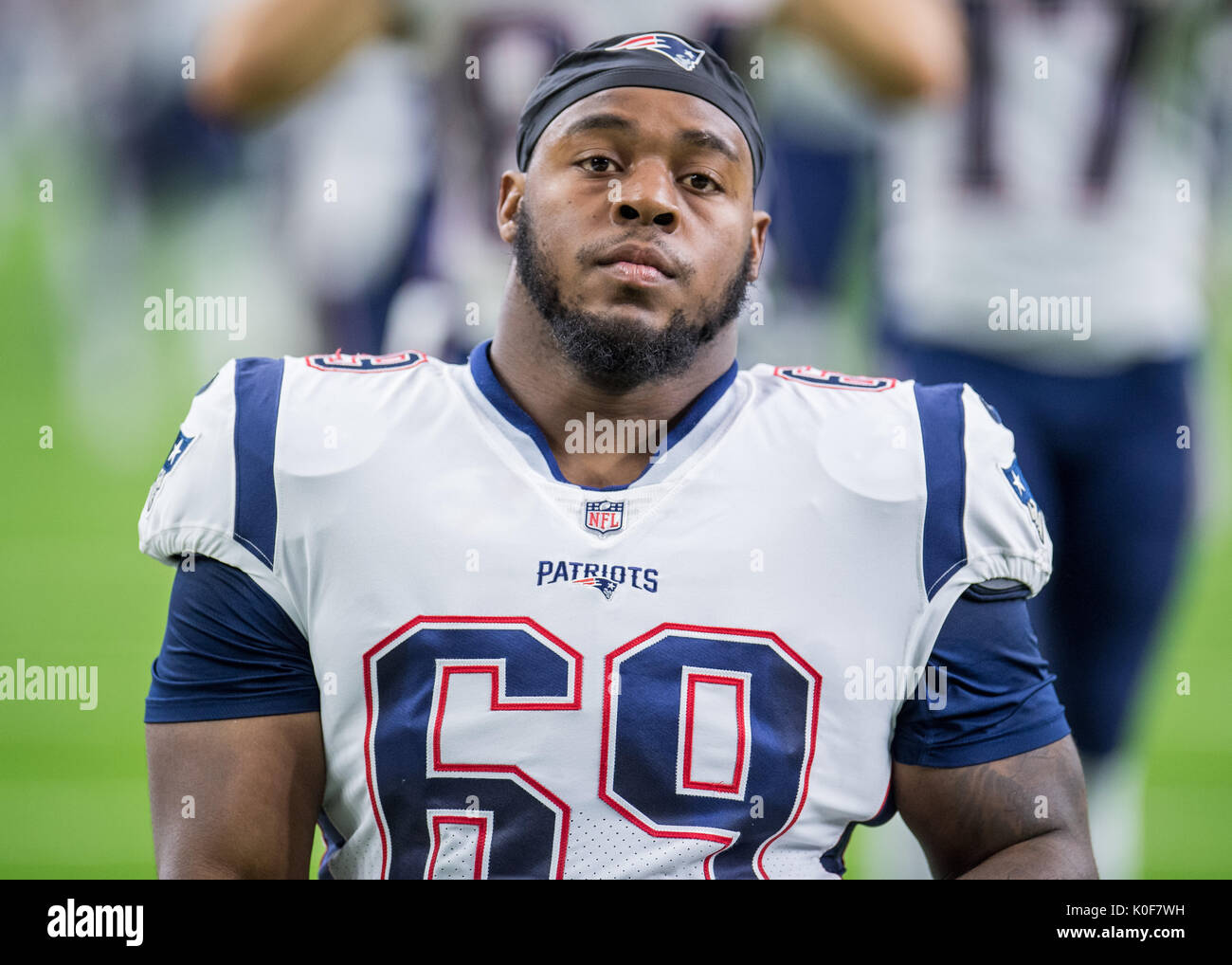 Agosto 19, 2017: New England Patriots offensiva Shaq guardia Mason (69) prima di un calcio di NFL pre-stagione partita tra Houston Texans e il New England Patriots a NRG Stadium di Houston, TX. I Texans hanno vinto il gioco 27-23...Trask Smith/CSM Foto Stock