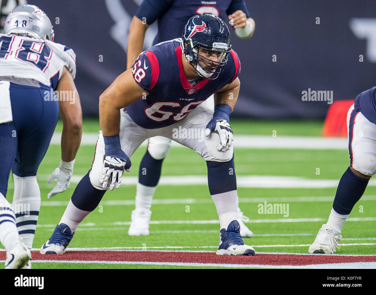 Agosto 19, 2017: Houston Texans offensivo affrontare Breno Giacomini (68) durante il primo trimestre di NFL Football pre-stagione partita tra Houston Texans e il New England Patriots a NRG Stadium di Houston, TX. I Texans hanno vinto il gioco 27-23...Trask Smith/CSM Foto Stock