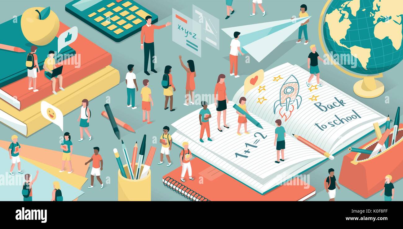 I bambini di giocare e imparare con i loro insegnanti, forniture scolastiche e libri: torna a scuola e il concetto di istruzione Illustrazione Vettoriale