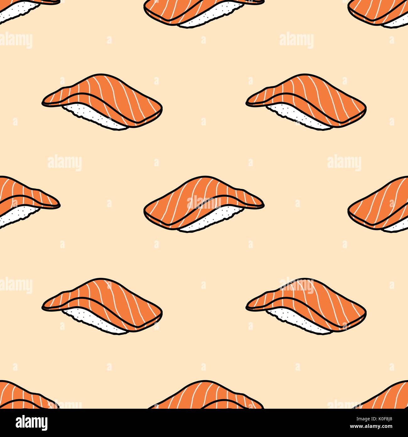 Sushi di salmone in colorate sul rosa pastello. sfondo carino il cibo giapponese Illustrazione disegnata a mano stile. seamless pattern design. Illustrazione Vettoriale