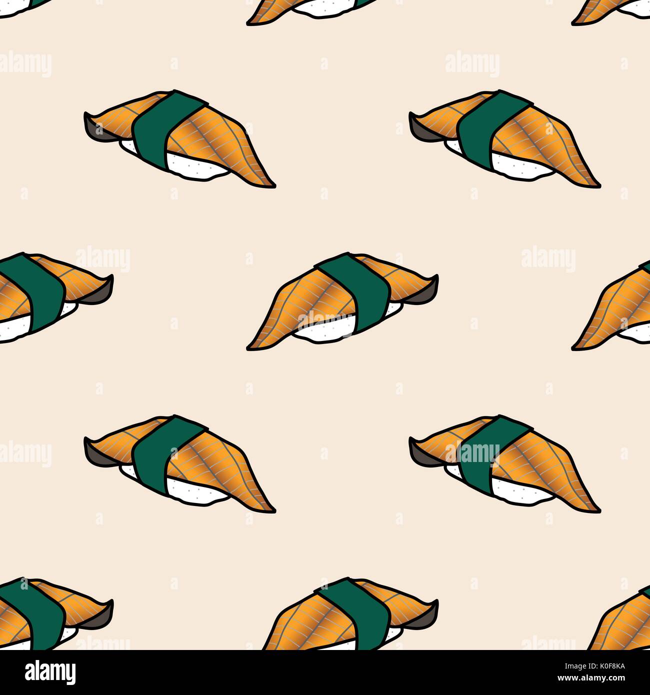 Unagi sushi su sfondo pastello. carino il cibo giapponese Illustrazione disegnata a mano stile. seamless pattern design. Illustrazione Vettoriale